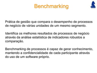 Benchmarking

Prática de gestão que compara o desempenho de processos
de negócio de várias unidades de um mesmo segmento.

Identifica os melhores resultados de processos de negócio
através da análise estatística de indicadores robustos a
comparação.

Benchmarking de processos é capaz de gerar conhecimento,
mantendo a confidencialidade de cada participante através
do uso de um software próprio.
 