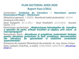 PLAN SECTORIAL ADER 2020
                     Raport Faza I/2011
Contractor: Institutul de Cercetare – Dezvoltare pentru
Pomicultură Piteşti – Mărăcineni
Obiectivul general: 1 ADESC; Numărul/codul proiectului: 16/124
Contract:124/2011
Anul începerii: 01.11.2011 - Anul finalizării 10.12.2014; Durata
(luni): 37,5
Denumirea proiectului: „Modernizarea tehnologiilor de înmulţire
a speciilor de pomi, arbuşti fructiferi şi căpşun, prin micro şi
macropropagare”
Denumirea fazei: „Recoltarea şi pregătirea materialului biologic
pentru derularea proiectului in faza următoare, documentarea
din literatura de specialitate si stabilirea variantelor
experimentale”.
Persoana de contact (Directorul de proiect): Dr. Ing. Mazilu Crăişor
Date contact (Tel/Fax, e-mail): 0248/278066; 0248/278477; office@icdp-
piteşti.ro.
 