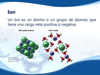 Un Ion es un átomo o un grupo de átomos que
tiene una carga neta positiva o negativa.
Ion
 
