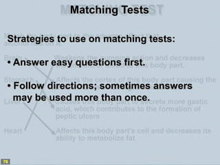 Matching Tests

 Strategies to use on matching tests:

 • Answer easy questions first.

 • Follow directions; sometimes an...