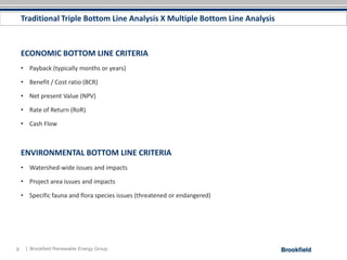 Traditional Triple Bottom Line Analysis X Multiple Bottom Line Analysis



    ECONOMIC BOTTOM LINE CRITERIA
    • Payback (typically months or years)

    • Benefit / Cost ratio (BCR)

    • Net present Value (NPV)

    • Rate of Return (RoR)

    • Cash Flow



    ENVIRONMENTAL BOTTOM LINE CRITERIA
    • Watershed-wide issues and impacts

    • Project area issues and impacts

    • Specific fauna and flora species issues (threatened or endangered)




8    | Brookfield Renewable Energy Group
 