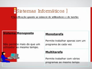 Classificação quanto ao número de utilizadores e de tarefas Sistemas Informáticos ] Sistema Monoposto Não permite mais do que um utilizador ao mesmo tempo. Monotarefa Permite trabalhar apenas com um programa de cada vez Multitarefa Permite trabalhar com vários programas ao mesmo tempo 