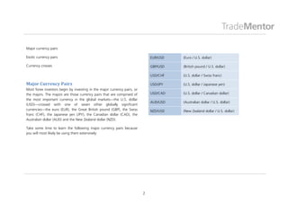 Major currency pairs

Exotic currency pairs                                                         EUR/USD   (Euro / U.S. dollar)

Currency crosses                                                              GBP/USD   (British pound / U.S. dollar)

                                                                              USD/CHF   (U.S. dollar / Swiss franc)

Major Currency Pairs                                                          USD/JPY   (U.S. dollar / Japanese yen)
Most forex investors begin by investing in the major currency pairs, or
the majors. The majors are those currency pairs that are comprised of         USD/CAD   (U.S. dollar / Canadian dollar)
the most important currency in the global markets—the U.S. dollar
                                                                              AUD/USD   (Australian dollar / U.S. dollar)
(USD)—crossed with one of seven other globally significant
currencies—the euro (EUR), the Great British pound (GBP), the Swiss           NZD/USD   (New Zealand dollar / U.S. dollar)
franc (CHF), the Japanese yen (JPY), the Canadian dollar (CAD), the
Australian dollar (AUD) and the New Zealand dollar (NZD).

Take some time to learn the following major currency pairs because
you will most likely be using them extensively:




                                                                          2
 