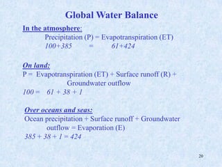 20
In the atmosphere:
Precipitation (P) = Evapotranspiration (ET)
100+385 = 61+424
On land:
P = Evapotranspiration (ET) + Surface runoff (R) +
Groundwater outflow
100 = 61 + 38 + 1
Over oceans and seas:
Ocean precipitation + Surface runoff + Groundwater
outflow = Evaporation (E)
385 + 38 + 1 = 424
Global Water Balance
 