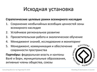 Исходная установка 
Стратегические целевые рамки всемирного наследия 
1. Сохранение необычайных всеобщих ценностей зоны 
всемирного наследия 
2. Устойчивое региональное развитие 
3. Просветительская работа и экологическое обучение 
4. Менеджмент знаний, исследование и мониторинг 
5. Менеджмент, коммуникация и обеспечение 
сохранности пространства 
Партнёры: федеральная власть и кантоны 
Валé и Берн, муниципальные образования, 
активные члены общества, союзы 
Consulting-Büro Dr. Kai Pagenkopf © 2014 Branding of destinations in tourism 
 