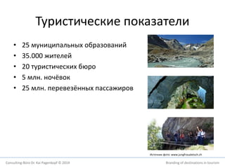 Туристические показатели 
• 25 муниципальных образований 
• 35.000 жителей 
• 20 туристических бюро 
• 5 млн. ночёвок 
• 25 млн. перевезённых пассажиров 
Источник фото: www.jungfraualetsch.ch 
Consulting-Büro Dr. Kai Pagenkopf © 2014 Branding of destinations in tourism 
 