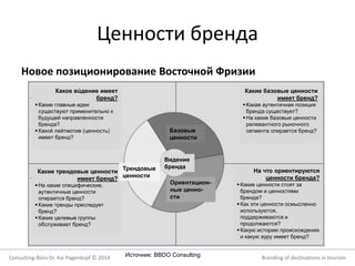 Ценности бренда 
Новое позиционирование Восточной Фризии 
Базовые 
ценности 
Трендовые 
ценности 
Видение 
бренда 
Ориентацион- 
ные ценно- 
сти 
Источник: BBDO Consulting 
Какие базовые ценности 
имеет бренд? 
 Какая аутентичная позиция 
бренда существует? 
 На какие базовые ценности 
релевантного рыночного 
сегмента опирается бренд? 
Какое вúдение имеет 
бренд? 
 Какие главные идеи 
существуют применительно к 
будущей направленности 
бренда? 
 Какой лейтмотив (ценность) 
имеет бренд? 
Какие трендовые ценности 
имеет бренд? 
 На какие специфические, 
аутентичные ценности 
опирается бренд? 
 Какие тренды преследует 
бренд? 
 Какие целевые группы 
обслуживает бренд? 
На что ориентируются 
ценности бренда? 
 Какие ценности стоят за 
брендом и ценностями 
бренда? 
 Как эти ценности осмысленно 
используются, 
поддерживаются и 
продолжаются? 
 Какую историю происхождения 
и какую ауру имеет бренд? 
Consulting-Büro Dr. Kai Pagenkopf © 2014 Branding of destinations in tourism 
 