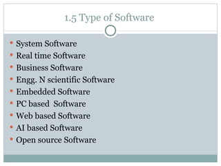 1.5 Type of Software  System Software  Real time Software  Business Software Engg. N scientific Software Embedded Software PC based  Software Web based Software AI based Software Open source Software 