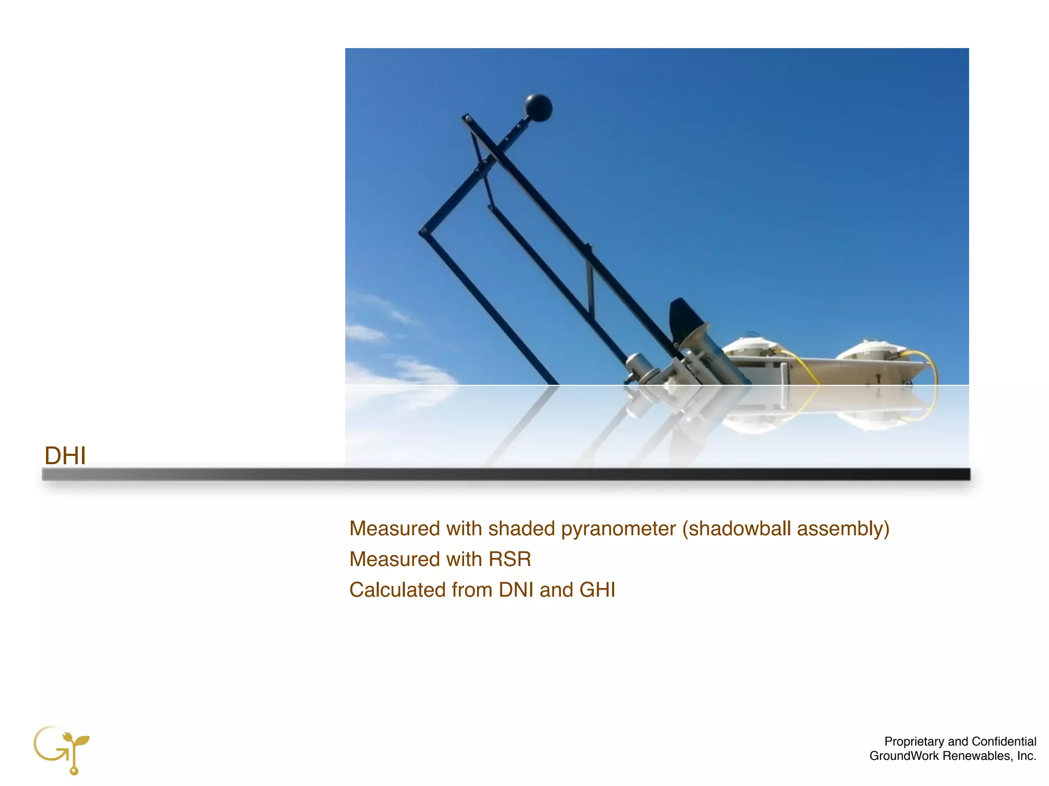 Proprietary and Conﬁdential
GroundWork Renewables, Inc.
DHI
Measured with shaded pyranometer (shadowball assembly)
Measured with RSR
Calculated from DNI and GHI
 