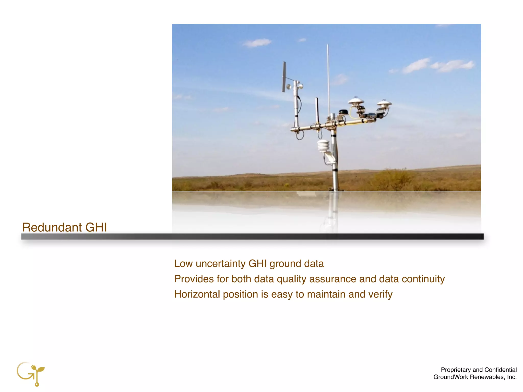 Proprietary and Conﬁdential
GroundWork Renewables, Inc.
Redundant GHI
Low uncertainty GHI ground data
Provides for both data quality assurance and data continuity
Horizontal position is easy to maintain and verify
 