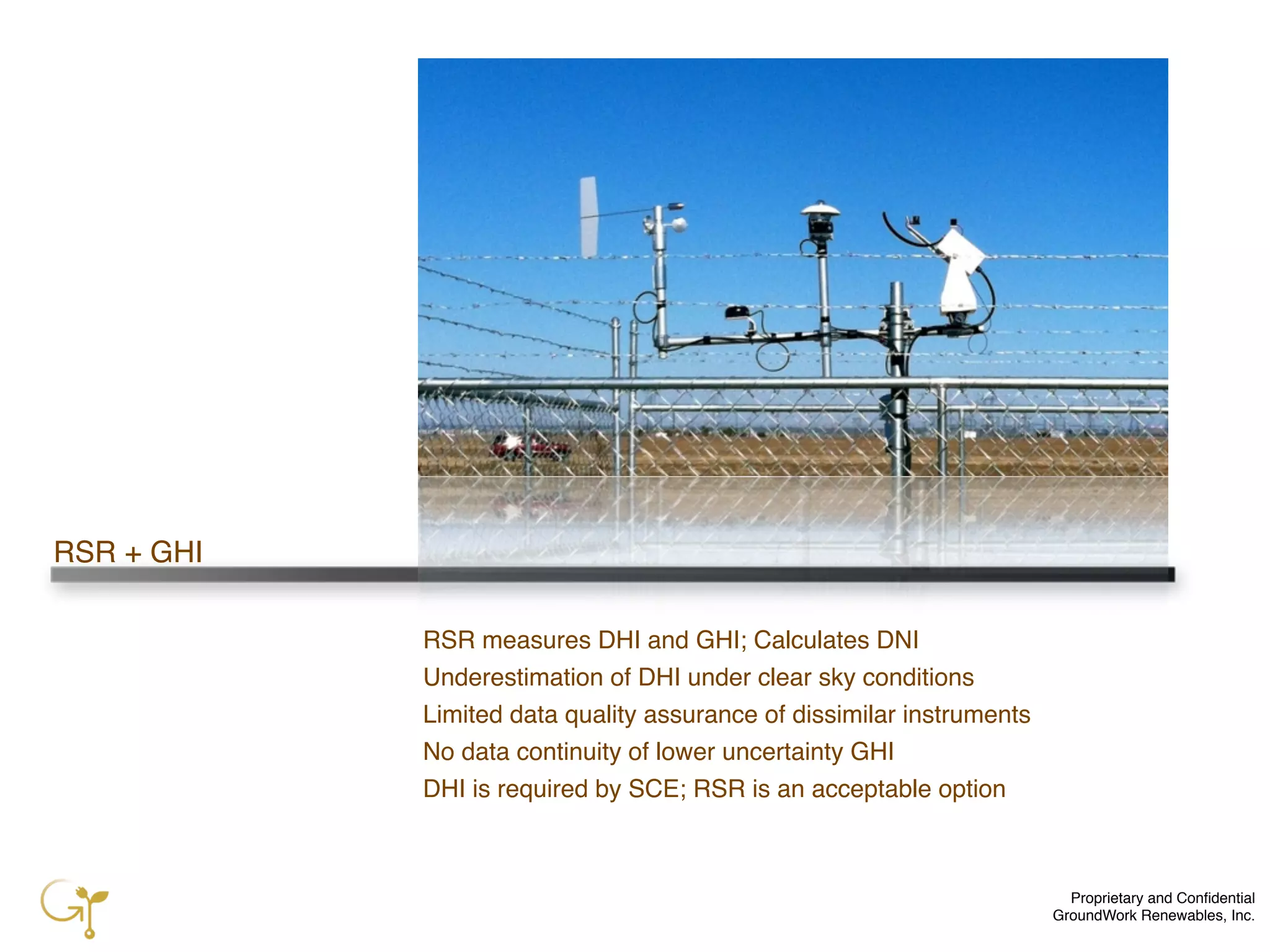 Proprietary and Conﬁdential
GroundWork Renewables, Inc.
RSR + GHI
RSR measures DHI and GHI; Calculates DNI
Underestimation of DHI under clear sky conditions
Limited data quality assurance of dissimilar instruments
No data continuity of lower uncertainty GHI
DHI is required by SCE; RSR is an acceptable option
 