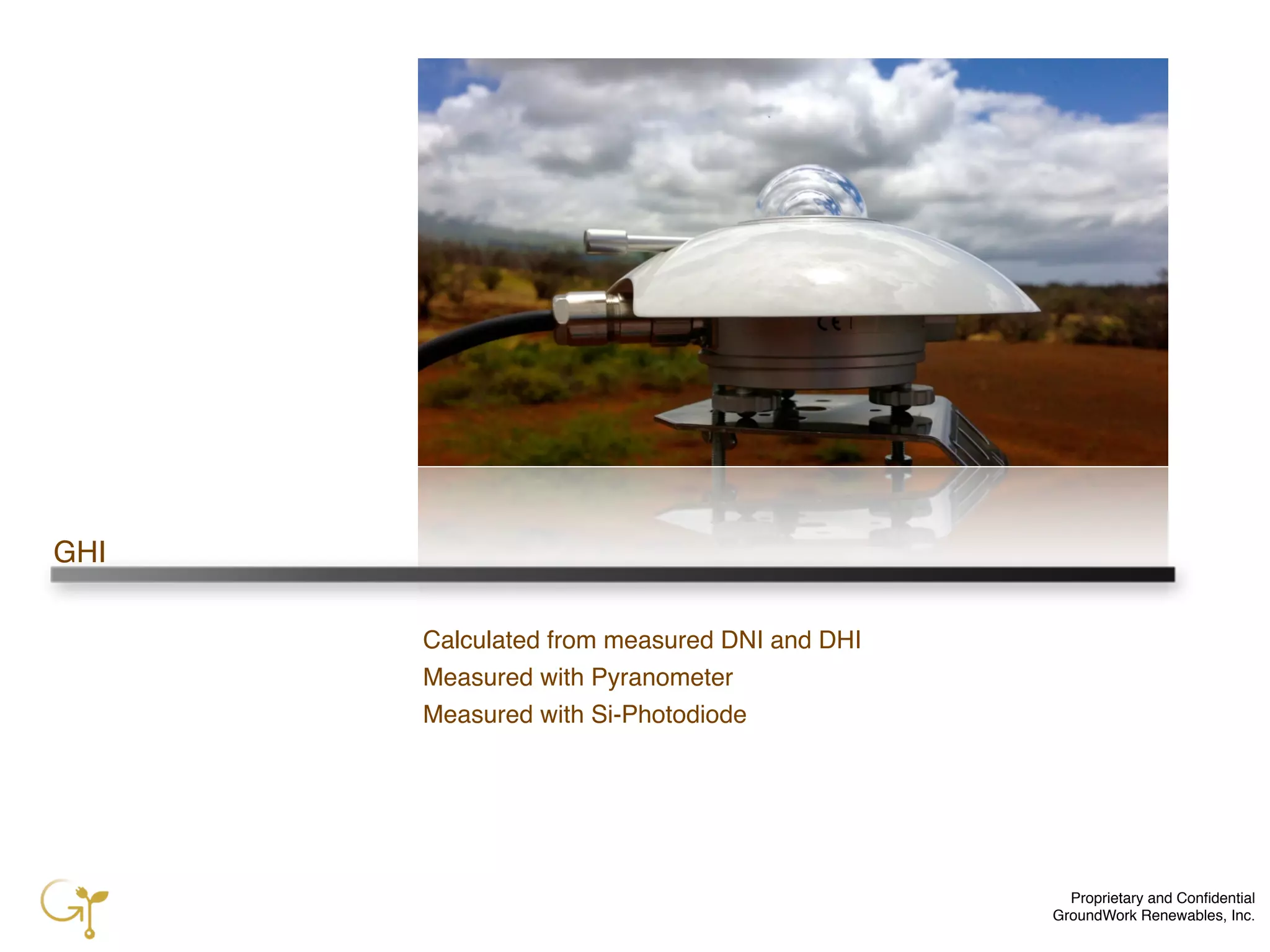 Proprietary and Conﬁdential
GroundWork Renewables, Inc.
GHI
Calculated from measured DNI and DHI
Measured with Pyranometer
Measured with Si-Photodiode
 