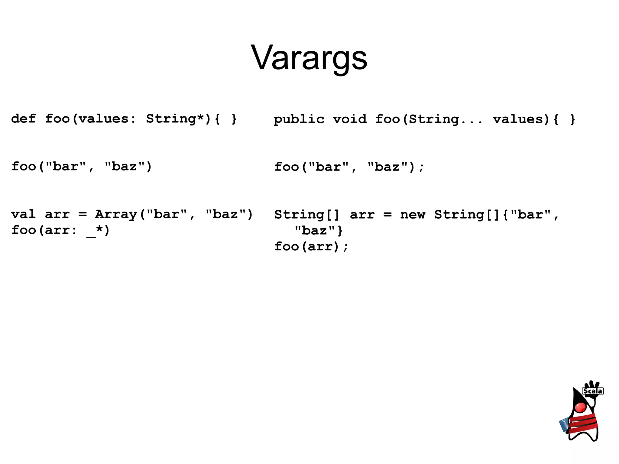 Varargs def foo(values: String*){ } foo("bar", "baz") val arr = Array("bar", "baz") foo(arr: _*) public void foo(String... values){ } foo("bar", "baz"); String[] arr = new String[]{"bar", "baz"} foo(arr); 