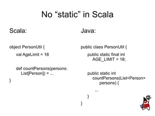 No “static” in Scala
Scala:                          Java:

object PersonUtil {             public class PersonUtil {
    val AgeLimit = 18               public static final int
                                      AGE_LIMIT = 18;

    def countPersons(persons:
      List[Person]) = ...           public static int
                                      countPersons(List<Person>
}
                                           persons) {
                                        ...
                                    }
                                }
 