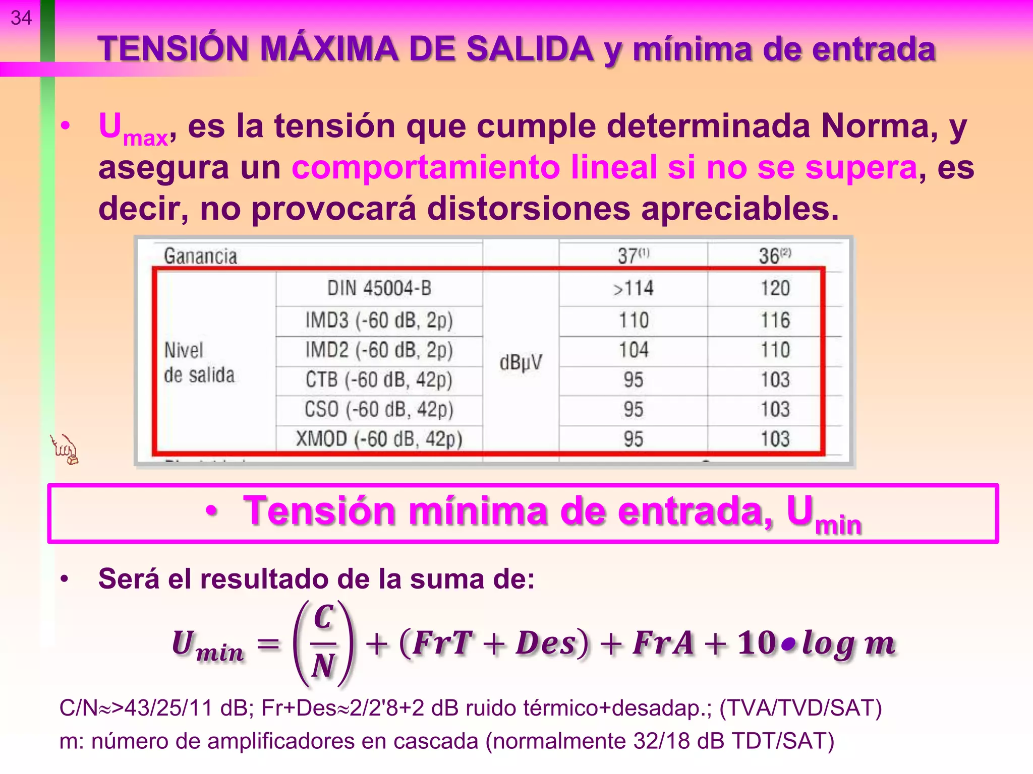 TENSIÓN MÁXIMA DE SALIDA y mínima de entrada
• Umax, es la tensión que cumple determinada Norma, y
asegura un comportamiento lineal si no se supera, es
decir, no provocará distorsiones apreciables.
• Tensión mínima de entrada, Umin
• Será el resultado de la suma de:
𝑼 𝒎𝒊𝒏 =
𝑪
𝑵
+ 𝑭𝒓𝑻 + 𝑫𝒆𝒔 + 𝑭𝒓𝑨 + 𝟏𝟎 𝒍𝒐𝒈 𝒎
C/N>43/25/11 dB; Fr+Des2/2'8+2 dB ruido térmico+desadap.; (TVA/TVD/SAT)
m: número de amplificadores en cascada (normalmente 32/18 dB TDT/SAT)
34
 