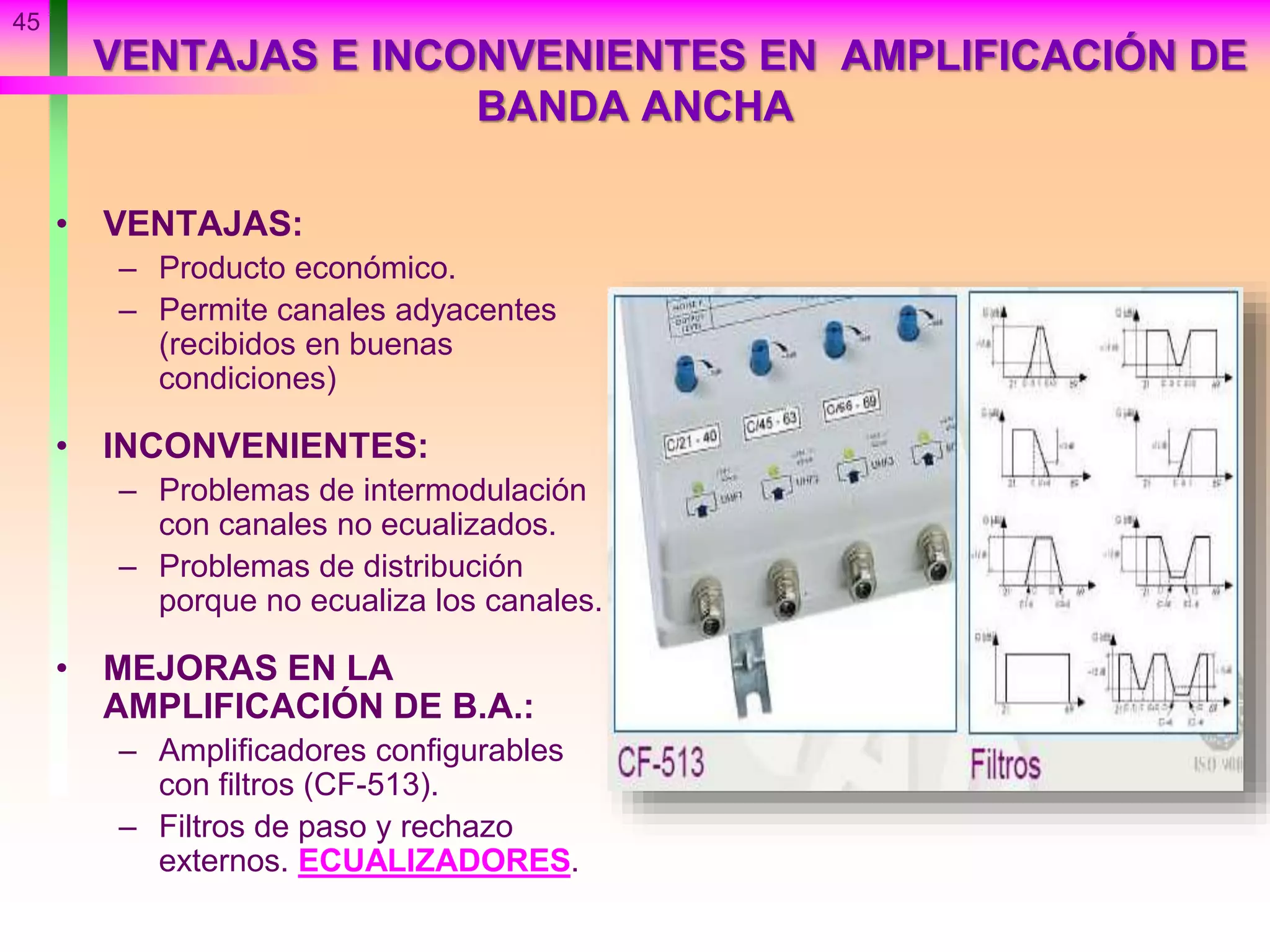 45
• VENTAJAS:
– Producto económico.
– Permite canales adyacentes
(recibidos en buenas
condiciones)
• INCONVENIENTES:
– Problemas de intermodulación
con canales no ecualizados.
– Problemas de distribución
porque no ecualiza los canales.
• MEJORAS EN LA
AMPLIFICACIÓN DE B.A.:
– Amplificadores configurables
con filtros (CF-513).
– Filtros de paso y rechazo
externos. ECUALIZADORES.
VENTAJAS E INCONVENIENTES EN AMPLIFICACIÓN DE
BANDA ANCHA
 
