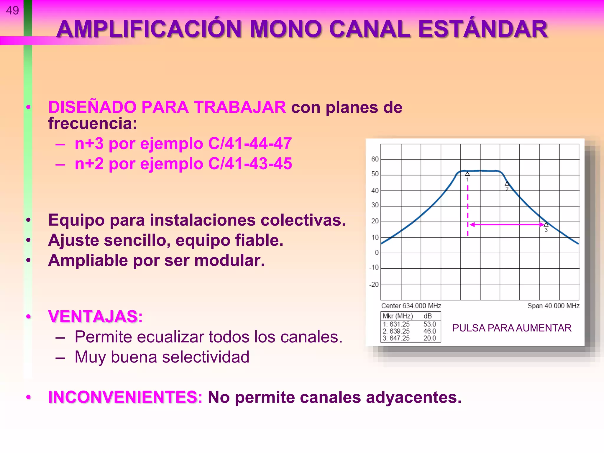 49
AMPLIFICACIÓN MONO CANAL ESTÁNDAR
• DISEÑADO PARA TRABAJAR con planes de
frecuencia:
– n+3 por ejemplo C/41-44-47
– n+2 por ejemplo C/41-43-45
• Equipo para instalaciones colectivas.
• Ajuste sencillo, equipo fiable.
• Ampliable por ser modular.
• VENTAJAS:
– Permite ecualizar todos los canales.
– Muy buena selectividad
• INCONVENIENTES: No permite canales adyacentes.
PULSA PARA AUMENTAR
 