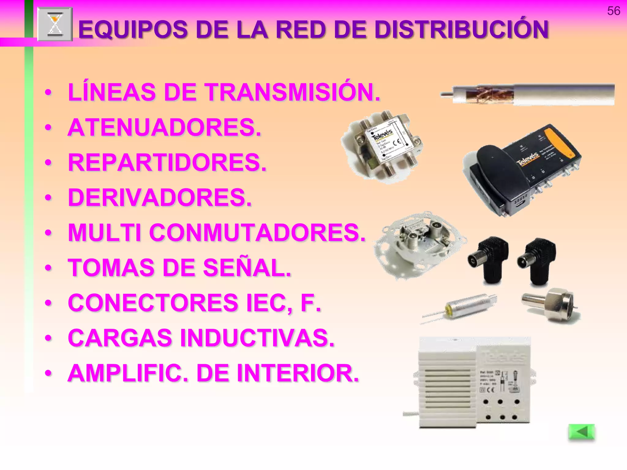 56
EQUIPOS DE LA RED DE DISTRIBUCIÓN
• LÍNEAS DE TRANSMISIÓN.
• ATENUADORES.
• REPARTIDORES.
• DERIVADORES.
• MULTI CONMUTADORES.
• TOMAS DE SEÑAL.
• CONECTORES IEC, F.
• CARGAS INDUCTIVAS.
• AMPLIFIC. DE INTERIOR.
 