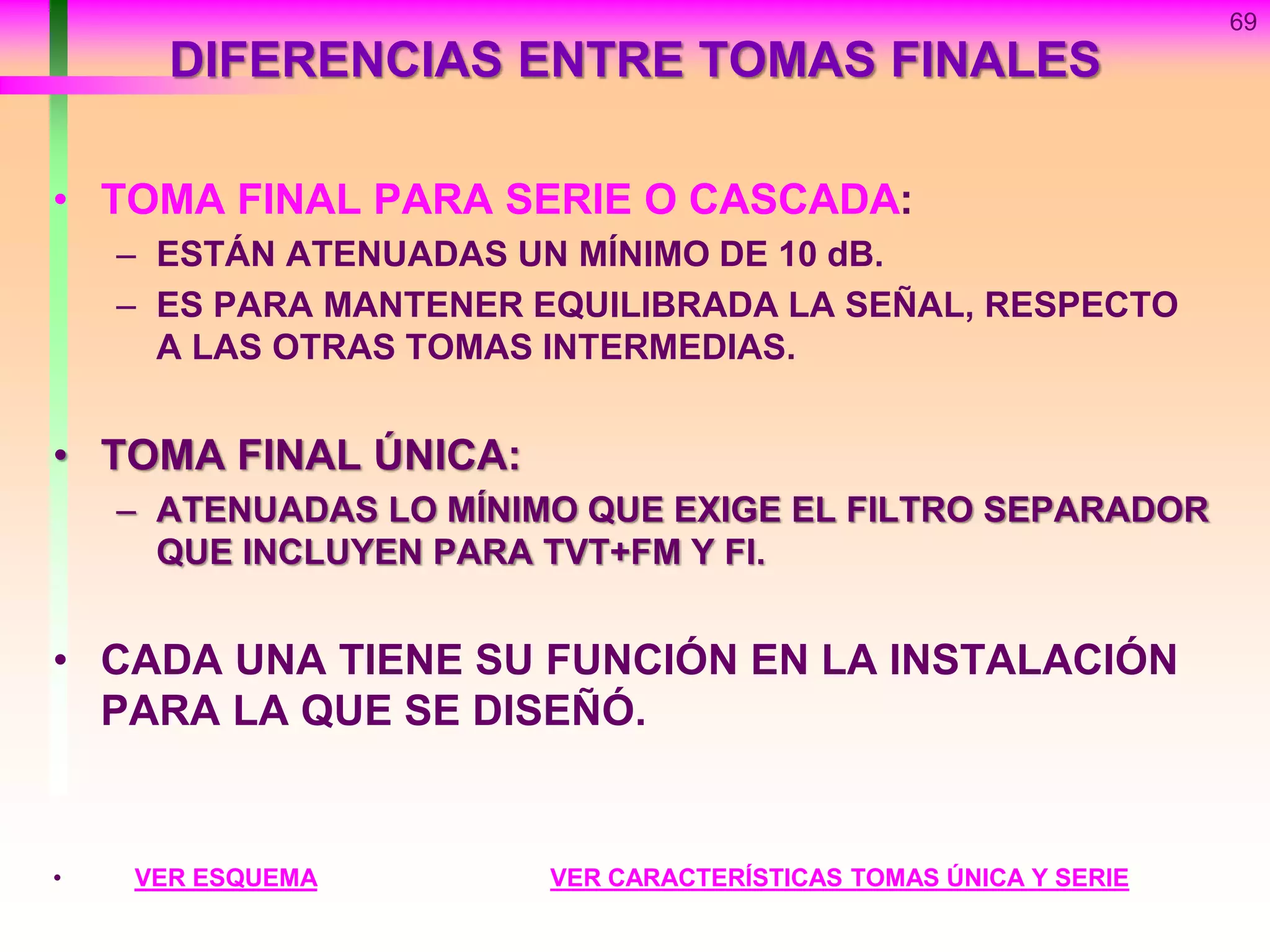 DIFERENCIAS ENTRE TOMAS FINALES
69
• TOMA FINAL PARA SERIE O CASCADA:
– ESTÁN ATENUADAS UN MÍNIMO DE 10 dB.
– ES PARA MANTENER EQUILIBRADA LA SEÑAL, RESPECTO
A LAS OTRAS TOMAS INTERMEDIAS.
• TOMA FINAL ÚNICA:
– ATENUADAS LO MÍNIMO QUE EXIGE EL FILTRO SEPARADOR
QUE INCLUYEN PARA TVT+FM Y FI.
• CADA UNA TIENE SU FUNCIÓN EN LA INSTALACIÓN
PARA LA QUE SE DISEÑÓ.
• VER ESQUEMA VER CARACTERÍSTICAS TOMAS ÚNICA Y SERIE
 
