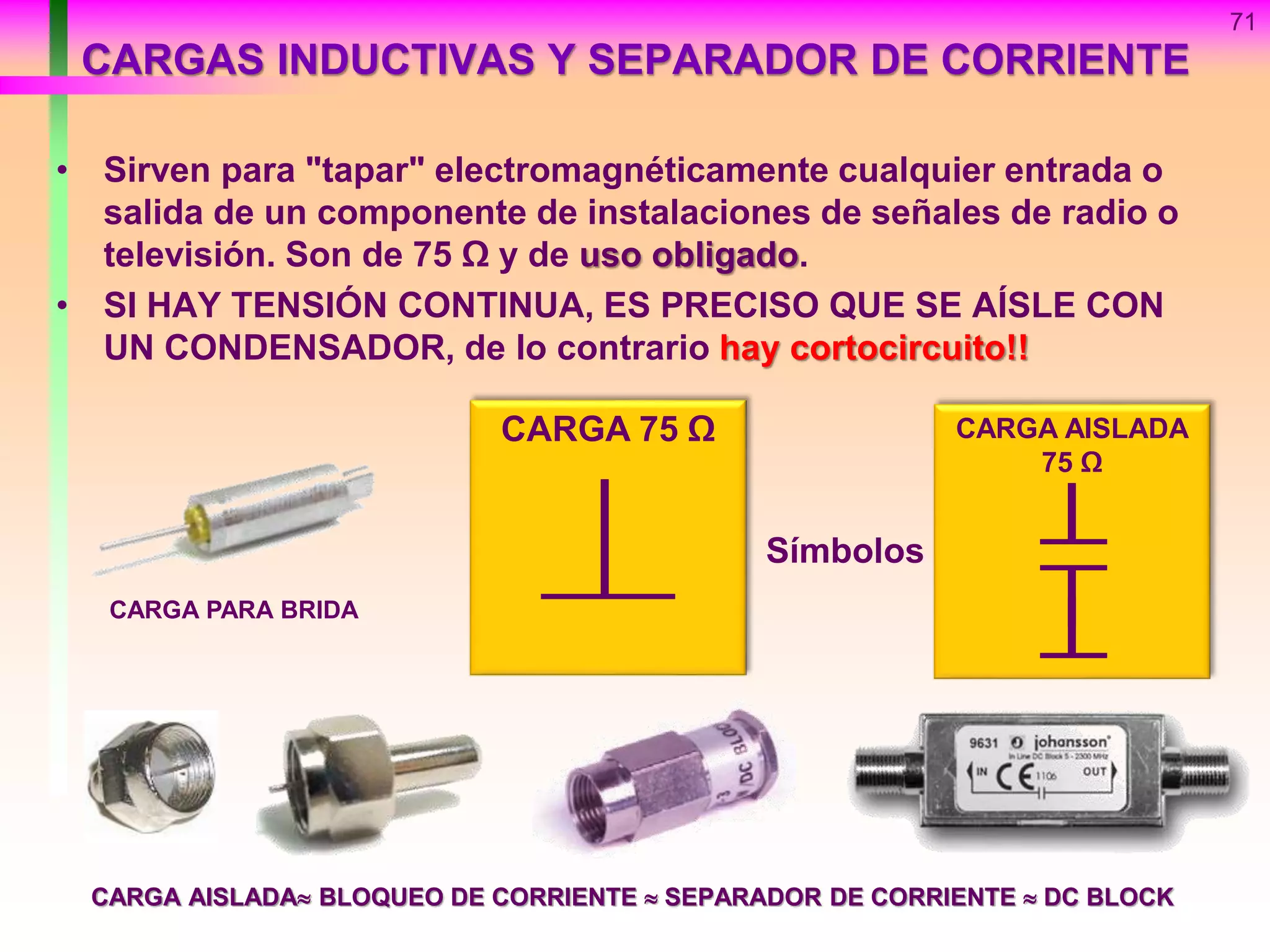 CARGAS INDUCTIVAS Y SEPARADOR DE CORRIENTE
71
• Sirven para "tapar" electromagnéticamente cualquier entrada o
salida de un componente de instalaciones de señales de radio o
televisión. Son de 75 Ω y de uso obligado.
• SI HAY TENSIÓN CONTINUA, ES PRECISO QUE SE AÍSLE CON
UN CONDENSADOR, de lo contrario hay cortocircuito!!
Símbolos
CARGA AISLADA BLOQUEO DE CORRIENTE  SEPARADOR DE CORRIENTE  DC BLOCK
CARGA 75 Ω CARGA AISLADA
75 Ω
CARGA PARA BRIDA
 