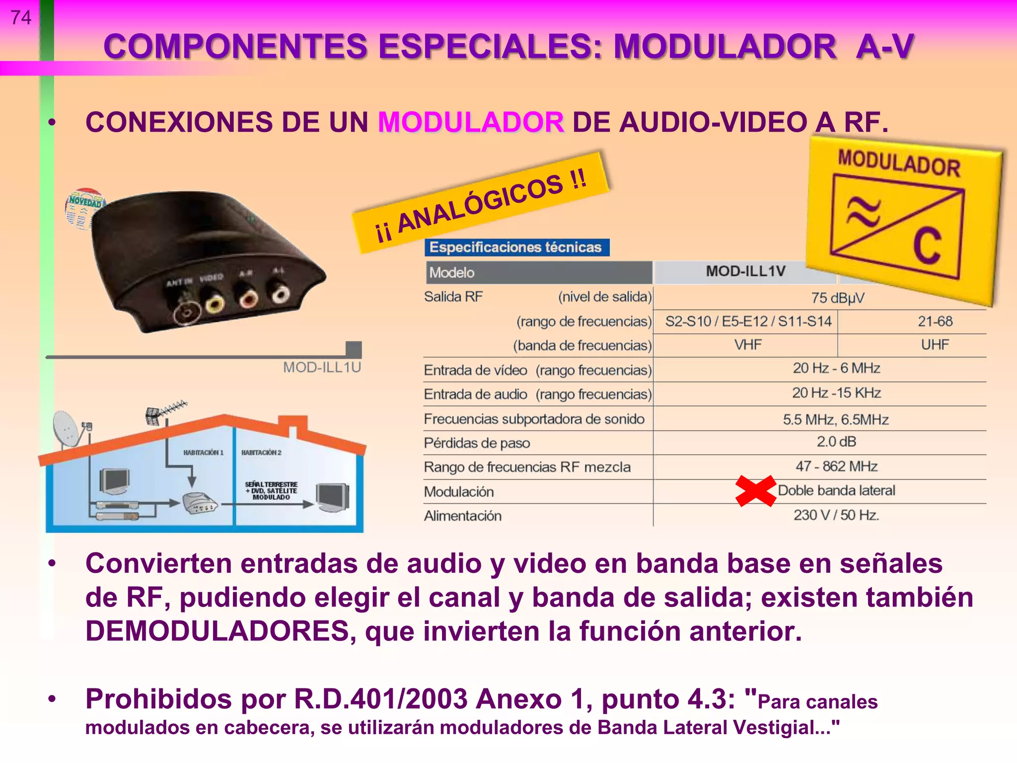 • CONEXIONES DE UN MODULADOR DE AUDIO-VIDEO A RF.
• Convierten entradas de audio y video en banda base en señales
de RF, pudiendo elegir el canal y banda de salida; existen también
DEMODULADORES, que invierten la función anterior.
• Prohibidos por R.D.401/2003 Anexo 1, punto 4.3: "Para canales
modulados en cabecera, se utilizarán moduladores de Banda Lateral Vestigial..."
COMPONENTES ESPECIALES: MODULADOR A-V
74
 
