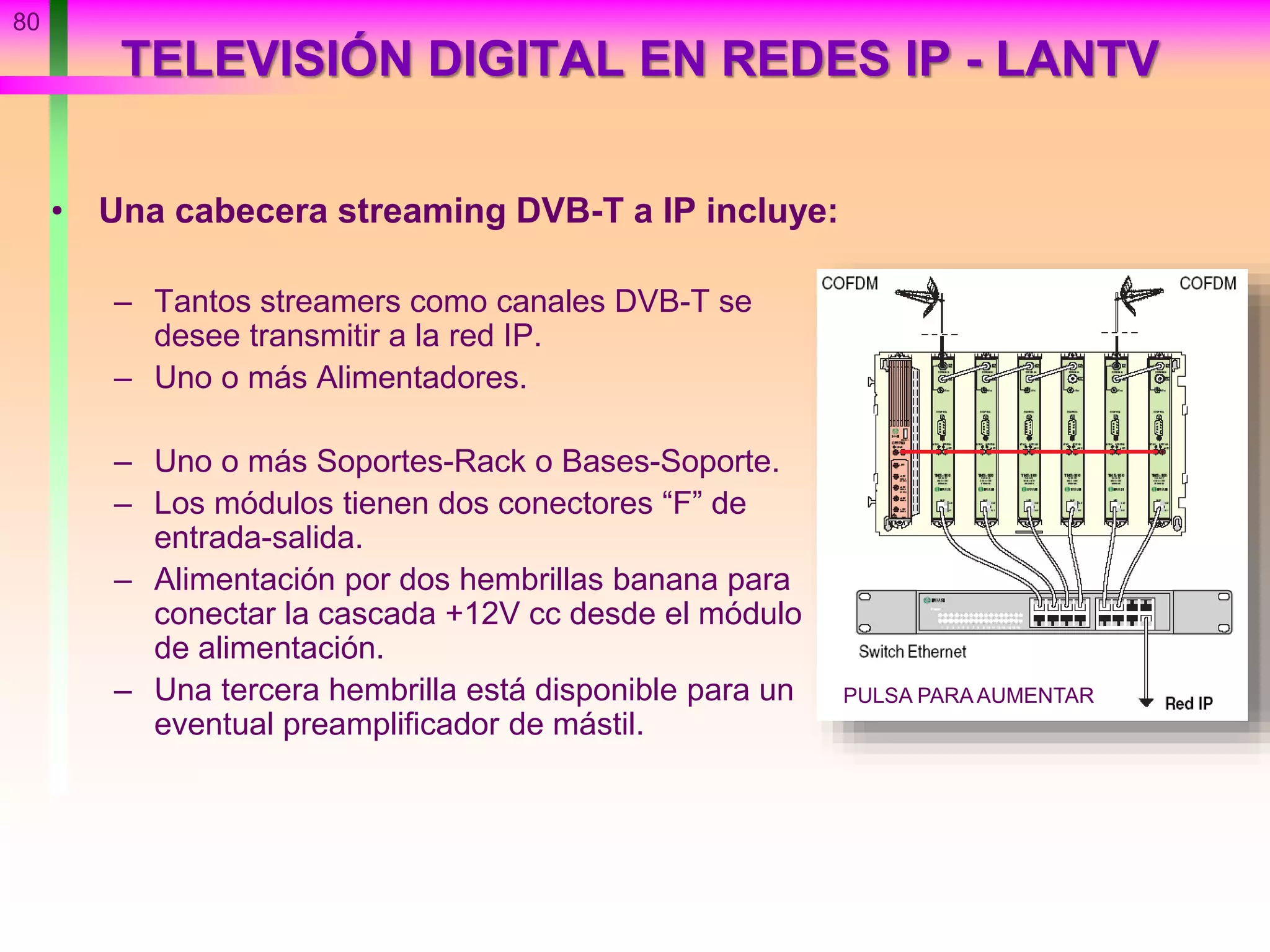 80
TELEVISIÓN DIGITAL EN REDES IP - LANTV
• Una cabecera streaming DVB-T a IP incluye:
– Tantos streamers como canales DVB-T se
desee transmitir a la red IP.
– Uno o más Alimentadores.
– Uno o más Soportes-Rack o Bases-Soporte.
– Los módulos tienen dos conectores “F” de
entrada-salida.
– Alimentación por dos hembrillas banana para
conectar la cascada +12V cc desde el módulo
de alimentación.
– Una tercera hembrilla está disponible para un
eventual preamplificador de mástil.
PULSA PARA AUMENTAR
 