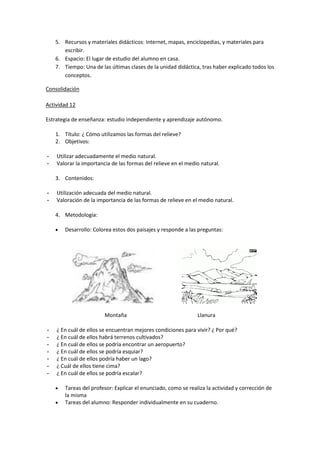 5. Recursos y materiales didácticos: Internet, mapas, enciclopedias, y materiales para
       escribir.
    6. Espacio: El lugar de estudio del alumno en casa.
    7. Tiempo: Una de las últimas clases de la unidad didáctica, tras haber explicado todos los
       conceptos.

Consolidación

Actividad 12

Estrategia de enseñanza: estudio independiente y aprendizaje autónomo.

    1. Título: ¿ Cómo utilizamos las formas del relieve?
    2. Objetivos:

-   Utilizar adecuadamente el medio natural.
-   Valorar la importancia de las formas del relieve en el medio natural.

    3. Contenidos:

-   Utilización adecuada del medio natural.
-   Valoración de la importancia de las formas de relieve en el medio natural.

    4. Metodología:

       Desarrollo: Colorea estos dos paisajes y responde a las preguntas:




                        Montaña                                 Llanura

-   ¿ En cuál de ellos se encuentran mejores condiciones para vivir? ¿ Por qué?
-   ¿ En cuál de ellos habrá terrenos cultivados?
-   ¿ En cuál de ellos se podría encontrar un aeropuerto?
-   ¿ En cuál de ellos se podría esquiar?
-   ¿ En cuál de ellos podría haber un lago?
-   ¿ Cuál de ellos tiene cima?
-   ¿ En cuál de ellos se podría escalar?

       Tareas del profesor: Explicar el enunciado, como se realiza la actividad y corrección de
        la misma
       Tareas del alumno: Responder individualmente en su cuaderno.
 