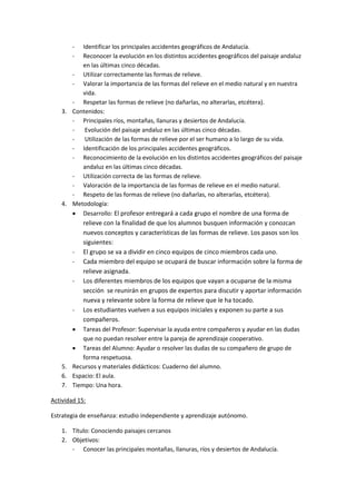 -   Identificar los principales accidentes geográficos de Andalucía.
         -   Reconocer la evolución en los distintos accidentes geográficos del paisaje andaluz
             en las últimas cinco décadas.
         - Utilizar correctamente las formas de relieve.
         - Valorar la importancia de las formas del relieve en el medio natural y en nuestra
             vida.
         - Respetar las formas de relieve (no dañarlas, no alterarlas, etcétera).
    3.   Contenidos:
         - Principales ríos, montañas, llanuras y desiertos de Andalucía.
         -    Evolución del paisaje andaluz en las últimas cinco décadas.
         -    Utilización de las formas de relieve por el ser humano a lo largo de su vida.
         - Identificación de los principales accidentes geográficos.
         - Reconocimiento de la evolución en los distintos accidentes geográficos del paisaje
             andaluz en las últimas cinco décadas.
         - Utilización correcta de las formas de relieve.
         - Valoración de la importancia de las formas de relieve en el medio natural.
         - Respeto de las formas de relieve (no dañarlas, no alterarlas, etcétera).
    4.   Metodología:
          Desarrollo: El profesor entregará a cada grupo el nombre de una forma de
             relieve con la finalidad de que los alumnos busquen información y conozcan
             nuevos conceptos y características de las formas de relieve. Los pasos son los
             siguientes:
         - El grupo se va a dividir en cinco equipos de cinco miembros cada uno.
         - Cada miembro del equipo se ocupará de buscar información sobre la forma de
             relieve asignada.
         - Los diferentes miembros de los equipos que vayan a ocuparse de la misma
             sección se reunirán en grupos de expertos para discutir y aportar información
             nueva y relevante sobre la forma de relieve que le ha tocado.
         - Los estudiantes vuelven a sus equipos iniciales y exponen su parte a sus
             compañeros.
          Tareas del Profesor: Supervisar la ayuda entre compañeros y ayudar en las dudas
             que no puedan resolver entre la pareja de aprendizaje cooperativo.
          Tareas del Alumno: Ayudar o resolver las dudas de su compañero de grupo de
             forma respetuosa.
    5.   Recursos y materiales didácticos: Cuaderno del alumno.
    6.   Espacio: El aula.
    7.   Tiempo: Una hora.

Actividad 15:

Estrategia de enseñanza: estudio independiente y aprendizaje autónomo.

    1. Título: Conociendo paisajes cercanos
    2. Objetivos:
       - Conocer las principales montañas, llanuras, ríos y desiertos de Andalucía.
 