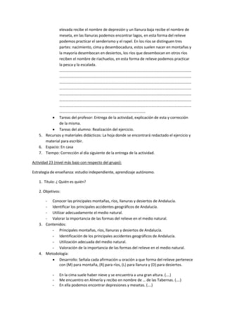 elevada recibe el nombre de depresión y un llanura baja recibe el nombre de
               meseta, en las llanuras podemos encontrar lagos, en esta forma del relieve
               podemos practicar el senderismo y el rapel. En los ríos se distinguen tres
               partes: nacimiento, cima y desembocadura, estos suelen nacer en montañas y
               la mayoría desembocan en desiertos, los ríos que desembocan en otros ríos
               reciben el nombre de riachuelos, en esta forma de relieve podemos practicar
               la pesca y la escalada.
               …………………………………………………………………………………………………………………………
               …………………………………………………………………………………………………………………………
               …………………………………………………………………………………………………………………………
               …………………………………………………………………………………………………………………………
               …………………………………………………………………………………………………………………………
               …………………………………………………………………………………………………………………………
               …………………………………………………………………………………………………………………………
               ………………………………………………………………………………
            Tareas del profesor: Entrega de la actividad, explicación de esta y corrección
               de la misma.
            Tareas del alumno: Realización del ejercicio.
    5. Recursos y materiales didácticos: La hoja donde se encontrará redactado el ejercicio y
       material para escribir.
    6. Espacio: En casa
    7. Tiempo: Corrección al día siguiente de la entrega de la actividad.

Actividad 23 (nivel más bajo con respecto del grupo):

Estrategia de enseñanza: estudio independiente, aprendizaje autónomo.

    1. Título: ¿ Quién es quién?

    2. Objetivos:

       - Conocer las principales montañas, ríos, llanuras y desiertos de Andalucía.
       - Identificar los principales accidentes geográficos de Andalucía.
       - Utilizar adecuadamente el medio natural.
       - Valorar la importancia de las formas del relieve en el medio natural.
    3. Contenidos:
          - Principales montañas, ríos, llanuras y desiertos de Andalucía.
          - Identificación de los principales accidentes geográficos de Andalucía.
          - Utilización adecuada del medio natural.
          - Valoración de la importancia de las formas del relieve en el medio natural.
    4. Metodología:
           Desarrollo: Señala cada afirmación u oración a que forma del relieve pertenece
              con (M) para montaña, (R) para ríos, (L) para llanura y (D) para desiertos.

            -   En la cima suele haber nieve y se encuentra a una gran altura. (….)
            -   Me encuentro en Almería y recibo en nombre de … de las Tabernas. (….)
            -   En ella podemos encontrar depresiones y mesetas. (….)
 