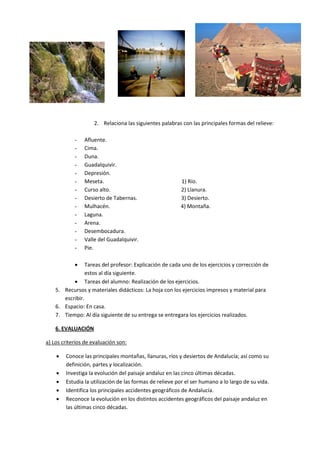 2. Relaciona las siguientes palabras con las principales formas del relieve:

            -   Afluente.
            -   Cima.
            -   Duna.
            -   Guadalquivir.
            -   Depresión.
            -   Meseta.                                  1) Río.
            -   Curso alto.                              2) Llanura.
            -   Desierto de Tabernas.                    3) Desierto.
            -   Mulhacén.                                4) Montaña.
            -   Laguna.
            -   Arena.
            -   Desembocadura.
            -   Valle del Guadalquivir.
            -   Pie.

                Tareas del profesor: Explicación de cada uno de los ejercicios y corrección de
                 estos al día siguiente.
            Tareas del alumno: Realización de los ejercicios.
    5. Recursos y materiales didácticos: La hoja con los ejercicios impresos y material para
       escribir.
    6. Espacio: En casa.
    7. Tiempo: Al día siguiente de su entrega se entregara los ejercicios realizados.

    6. EVALUACIÓN

a) Los criterios de evaluación son:

       Conoce las principales montañas, llanuras, ríos y desiertos de Andalucía; así como su
        definición, partes y localización.
       Investiga la evolución del paisaje andaluz en las cinco últimas décadas.
       Estudia la utilización de las formas de relieve por el ser humano a lo largo de su vida.
       Identifica los principales accidentes geográficos de Andalucía.
       Reconoce la evolución en los distintos accidentes geográficos del paisaje andaluz en
        las últimas cinco décadas.
 