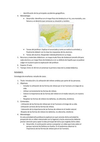 - Identificación de los principales accidentes geográficos.
    4. Metodología:
           Desarrollo: Identificar en el mapa físico de Andalucía un río, una montaña, una
             llanura y un desierto que conozcas su situación y nombre.




               
               Tareas del profesor: Explicar el enunciado y como se realiza la actividad, y
               finalmente debatir con la clase las respuestas de los alumnos.
            Tareas del alumno: Responder individualmente en su mapa.
    5. Recursos y materiales didácticos: un mapa mudo físico de Andalucía tamaño A4 para
       cada alumno y un mapa físico de Andalucía o en su defecto de España que se pudiese
       colgar en la pizarra para la explicación del profesor.
    6. Espacio: El aula.
    7. Tiempo: Entre 15-30 min al comenzar la primera clase de la unidad didáctica.

Actividad 3:

Estrategia de enseñanza: estudio de casos.

    1. Título: Introducción a la utilización del relieve andaluz por parte de las personas.
    2. Objetivos:
       - Estudiar la utilización de las formas de relieve por el ser humano a lo largo de su
            vida.
       - Utilizar correctamente las formas de relieve.
       - Valorar la importancia de las formas del relieve en el medio natural y en nuestra
            vida.
       - Respetar las formas de relieve (no dañarlas, no alterarlas, etcétera).
    3. Contenidos:
       - Utilización de las formas de relieve por el ser humano a lo largo de su vida.
       -Utilización correcta de las formas de relieve.
       - Valoración de la importancia de las formas de relieve en el medio natural.
       -Respeto de las formas de relieve (no dañarlas, no alterarlas, etcétera).
    4. Metodología:
       En esta actividad el/la profesor/a explicará en qué consiste dicha actividad (la
       proyección de un vídeo relacionado con la higiene) y los/as alumnos/as deberán
       prestar atención para captar la idea principal del tema que engloba dicho vídeo.
             Desarrollo: A continuación vamos a proyectar un vídeo que trata sobre el
                parque nacional de Doñana en Huelva. En él podremos observar la
                importancia de las formas de relieve para el ser humano.
 
