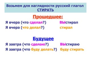 Возьмем для наглядности русский глагол  СТИРАТЬ Прошедшее: Я вчера (что  сделал ?)  ВЫ стирал Я вчера ( что делал ?)  стирал Будущее Я завтра (что  сделаю ?)  ВЫ стираю Я завтра (что  буду делать ?)  буду стирать 