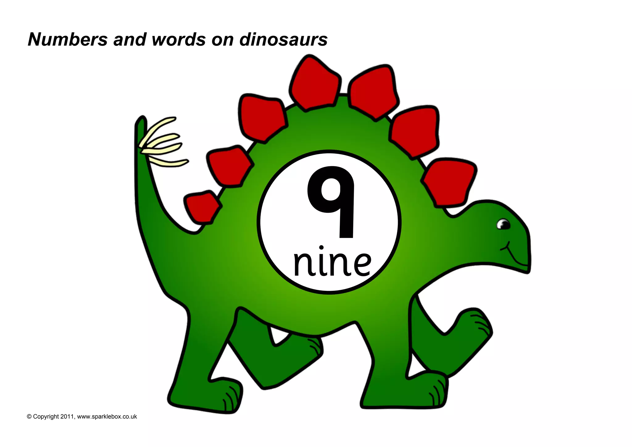 Numbers and words on dinosaurs




                                          9
                                         nine

© Copyright 2011, www.sparklebox.co.uk
 