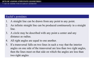 SETS OF AXIOMS AND FINITE GEOMETRIES
SET OF AXIOMS FOR EUCLIDEAN GEOMETRY
Euclid’s postulates
1. A straight line can be drawn from any point to any point.
2. An infinite straight line can be produced continuously in a straight
line.
3. A circle may be described with any point a center and any
distance as radius.
4. All right angles are equal to one another.
5. If a transversal falls on two lines in such a way that the interior
angles on one side of the transversal are less than two right angles,
then the lines meet on that side on which the angles are less than
two right angles
 