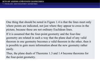 SETS OF AXIOMS AND FINITE GEOMETRIES
FOUR-LINE AND FOUR-POINT GEOMETRIES
One thing that should be noted in Figure 1.4 is that the lines meet only
where points are indicated, not just where they appear to cross in the
picture, because these are not ordinary Euclidean lines.
If it is assumed that the four-point geometry and the four-line
geometry are related in such a way that the plane dual of any valid
theorem in one geometry becomes a valid theorem in the other, then it
is possible to gain more information about the new geometry rather
easily.
Thus, the plane duals of Theorems 1.3 and 1.4 become theorems for
the four-point geometry.
 