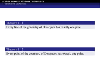 SETS OF AXIOMS AND FINITE GEOMETRIES
OTHER FINITE GEOMETRIES
Every line of the geometry of Desargues has exactly one pole.
Theorem 1.11
Every point of the geometry of Desargues has exactly one polar.
Theorem 1.12
 