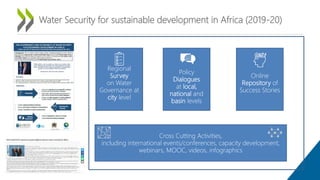 Water Security for sustainable development in Africa (2019-20)
Online
Repository of
Success Stories
Regional
Survey
on Water
Governance at
city level
Policy
Dialogues
at local,
national and
basin levels
Cross Cutting Activities,
including international events/conferences, capacity development,
webinars, MOOC, videos, infographics
 
