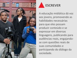 EDUCAMÍDIA
A educação midiática dá voz
aos jovens, promovendo as
habilidades necessárias
para que eles possam
produzir conteúdo e se
expressar em diversas
linguagens, publicando para
audiências reais, engajando-
se com questões reais de
suas comunidades e
participando do diálogo da
sociedade.
ESCREVER
 