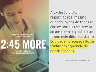 EDUCAMÍDIA
A exclusão digital
ressignificada: mesmo
quando jovens de todas as
classes sociais têm acesso
ao ambiente digital, o que
fazem nele difere bastante.
Equidade no acesso não se
traduz em equidade de
oportunidades.
Fonte: Common Sense Media 2015
 