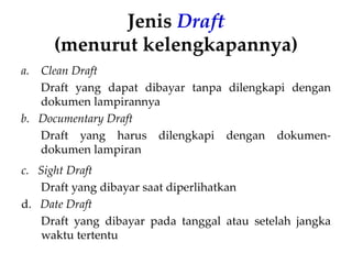 Jenis Draft
(menurut kelengkapannya)
a. Clean Draft
Draft yang dapat dibayar tanpa dilengkapi dengan
dokumen lampirannya
b. Documentary Draft
Draft yang harus dilengkapi dengan dokumen-
dokumen lampiran
c. Sight Draft
Draft yang dibayar saat diperlihatkan
d. Date Draft
Draft yang dibayar pada tanggal atau setelah jangka
waktu tertentu
 