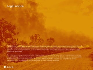 ©2020 Swiss Re. All rights reserved. You may use this presentation for private or internal purposes but note that any
copyright or other proprietary notices must not be removed. You are not permitted to create any modifications or
derivative works of this presentation, or to use it for commercial or other public purposes, without the prior written
permission of Swiss Re.
The information and opinions contained in the presentation are provided as at the date of the presentation and may
change. Although the information used was taken from reliable sources, Swiss Re does not accept any responsibility
for its accuracy or comprehensiveness or its updating. All liability for the accuracy and completeness of the
information or for any damage or loss resulting from its use is expressly excluded.
Legal notice
 