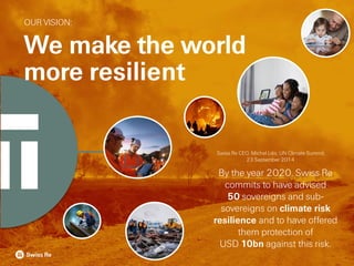 By the year 2020, Swiss Re
commits to have advised
50 sovereigns and sub-
sovereigns on climate risk
resilience and to have offered
them protection of
USD 10bn against this risk.
Swiss Re CEO, Michel Liès, UN Climate Summit,
23 September 2014
OUR VISION:
We make the world
more resilient
 