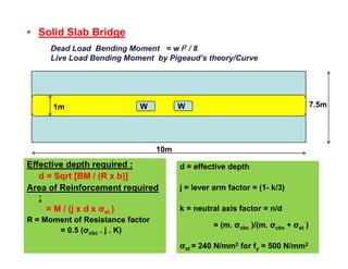 • Solid Slab Bridge
7.5m1m W W
Dead Load Bending Moment = w l2 / 8
Live Load Bending Moment by Pigeaud’s theory/Curve
10m
Effective depth required :
d = Sqrt [BM / (R x b)]
Area of Reinforcement required
:
= M / (j x d x σst )
R = Moment of Resistance factor
= 0.5 (σcbc . j . K)
d = effective depth
j = lever arm factor = (1- k/3)
k = neutral axis factor = n/d
= (m. σcbc )/(m. σcbc + σst )
σst = 240 N/mm2 for fy = 500 N/mm2
 
