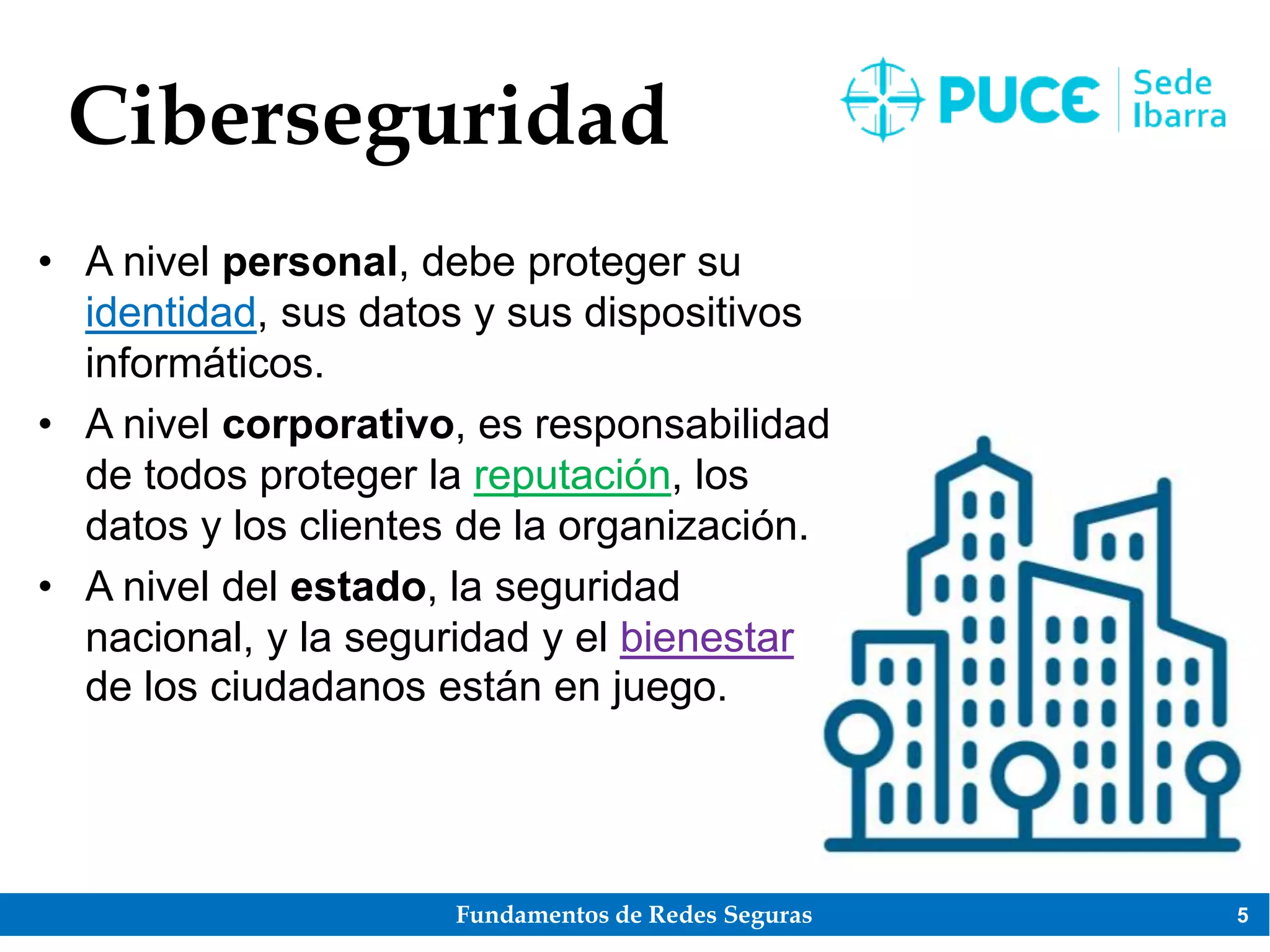 Fundamentos de Redes Seguras 5
Ciberseguridad
• A nivel personal, debe proteger su
identidad, sus datos y sus dispositivos
informáticos.
• A nivel corporativo, es responsabilidad
de todos proteger la reputación, los
datos y los clientes de la organización.
• A nivel del estado, la seguridad
nacional, y la seguridad y el bienestar
de los ciudadanos están en juego.
 