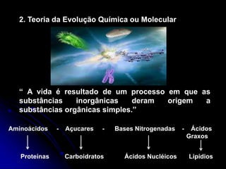 2. Teoria da Evolução Química ou Molecular
“ A vida é resultado de um processo em que as
substâncias inorgânicas deram origem a
substâncias orgânicas simples.”
Aminoácidos - Açucares - Bases Nitrogenadas - Ácidos
Graxos
Proteínas Carboidratos Ácidos Nucléicos Lipídios
 