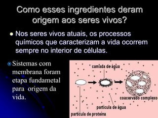 Como esses ingredientes deram
origem aos seres vivos?
 Nos seres vivos atuais, os processos
químicos que caracterizam a vida ocorrem
sempre no interior de células.
Sistemas com
membrana foram
etapa fundametal
para origem da
vida.
 