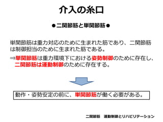 介入の糸口
●二関節筋と単関節筋●
二関節筋 運動制御とリハビリテーション
単関節筋は重力対応のために生まれた筋であり、二関節筋
は制御担当のために生まれた筋である。
⇒単関節筋は重力環境下における姿勢制御のために存在し、
二関節筋は運動制御のために存在する。
動作・姿勢安定の前に、単関節筋が働く必要がある。
 