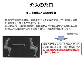 介入の糸口
●二関節筋と単関節筋●
端座位で前傾する場合、前傾角度が大きくなるに従って、骨盤～ 脊柱
には伸展モーメントが要求される。
脊柱起立筋、 特に胸腸肋筋、胸最長筋などの長い筋がこの運動の主体
になると筋の両端が近づく結果となり、 体幹が伸展してしまう。
福井勉 1998
頭尾のアライメントを良好に保った
まま前傾するには， 脊柱起立筋とと
もに多裂筋などの深層筋が協調しな
ければならない。
 