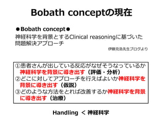 Bobath conceptの現在
①患者さんが出している反応がなぜそうなっているか
神経科学を背景に導き出す（評価・分析）
②どこに対してアプローチを行えばよいか神経科学を
背景に導き出す（仮説）
③どのような方法をとれば改善するか神経科学を背景
に導き出す（治療）
●Bobath concept●
神経科学を背景とするClinical reasoningに基づいた
問題解決アプローチ
伊藤克浩先生ブログより
Handling ＜ 神経科学
 