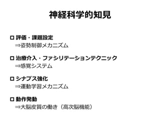 神経科学的知見
 評価・課題設定
⇒姿勢制御メカニズム
 治療介入・ファシリテーションテクニック
⇒感覚システム
 シナプス強化
⇒運動学習メカニズム
 動作発動
⇒大脳皮質の働き（高次脳機能）
 